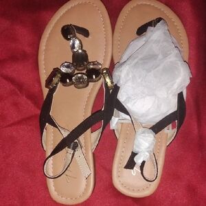 Thalia Sodi Black and Gold Gem Sandals